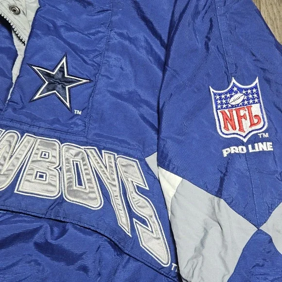 Vintage 90s Starter NFL Dallas Cowboys 1/2 Zip Pullover Hooded Jacket Quilted M